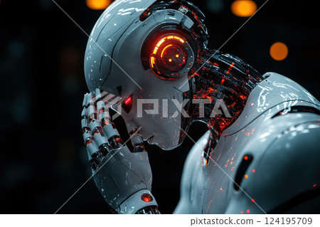 Humanoid robot thinking against a isolated background with copy space. burnout and tired with an exhausted feeling overworked concept. 124195709