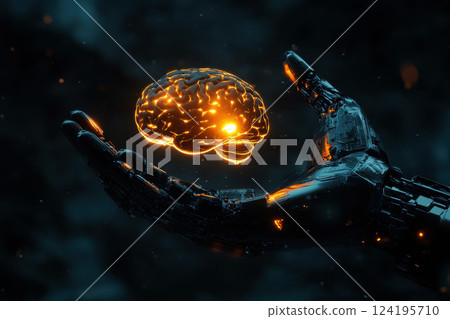 A hand robot holds a digital holographic brain, representing the tangible interface of artificial intelligence and cognitive technology in modern times. A hand robot holds a digital holographic brain, representing the tangible interface of artificial intelligence and cognitive technology in modern times. 124195710