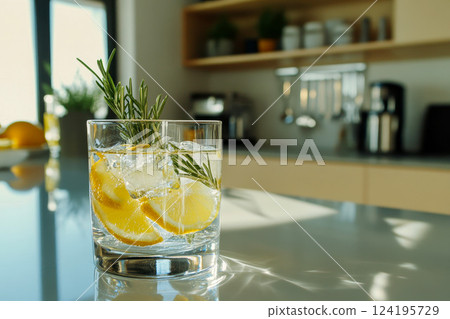 Cold cocktail, lemonade with lemon sliced, rosemary plant . Cold cocktail, lemonade with lemon sliced, rosemary plant . 124195729