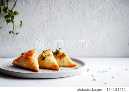 Crispy onion samosa with a golden flaky crust. 124195931
