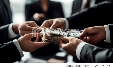 Close-up of hands holding a stack of US dollar bills over a financial report, symbolizing American business transactions. 124195976