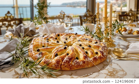 Enjoying a delicious Monaco Fougasse on the elegant table by the coast at sunset Enjoying a delicious Monaco Fougasse on the elegant table by the coast at sunset 124196067