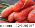 Spicy cod roe picked up with chopsticks 124196197