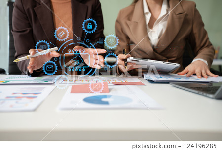 Hand touching secure access service edge icon on smartphone virtual screen background, password, network, framework and support technology in office. secure access service edge concept. 124196285