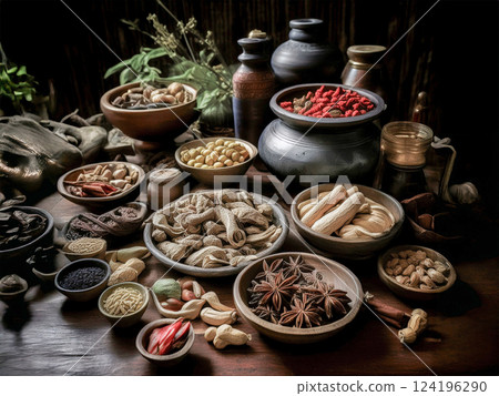 Oriental medicine herbal medicines and ingredients 124196290