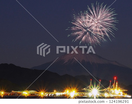 Shizuoka Prefecture, Mount Fuji and harbor fireworks, January 124196291