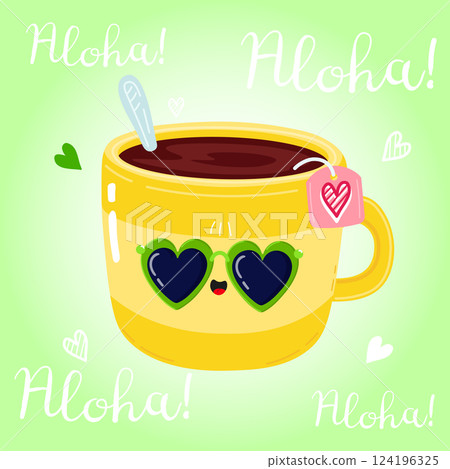 A cheerful Yellow Tea Cup sports heart sunglasses and offers a warm Aloha greeting on light green A cheerful Yellow Tea Cup sports heart sunglasses and offers a warm Aloha greeting on light green 124196325