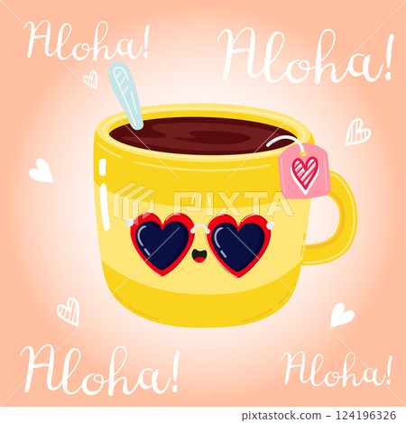A cheerful Yellow Tea Cup sports heart sunglasses and offers a warm Aloha greeting on pink A cheerful Yellow Tea Cup sports heart sunglasses and offers a warm Aloha greeting on pink 124196326