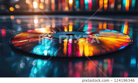A reflective vinyl record shines with vibrant city light refractions creating a vintage yet modern aesthetic. A reflective vinyl record shines with vibrant city light refractions creating a vintage yet modern aesthetic. 124196346