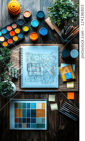 Creative artist workspace with sketchpad, drawing and painting supplies on a wooden table. 124196803