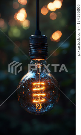 A warmly glowing Edison bulb hangs, casting a soft light against a backdrop of bokeh and nature. 124196806