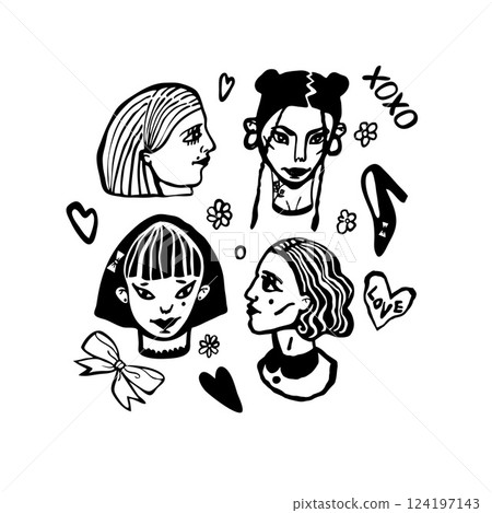 Hand drawn set of women in doodle style. Vector illustration.  124197143