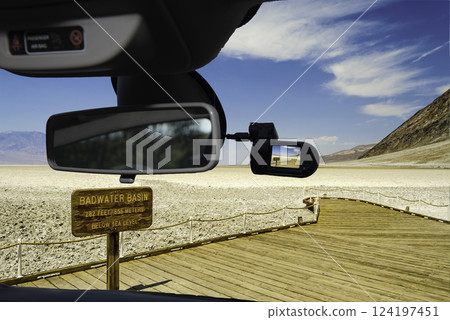 Dashcam car camera view of Badwater Basin, Death Valley, USA 124197451