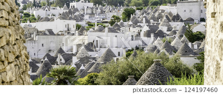 Scenic panoramic view of Alberobello and trulli buildings, Apulia, Italy 124197460