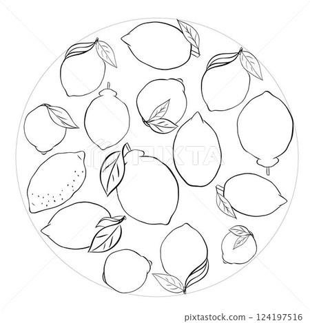 Lemons with leaves circle round composition. Vector Graphic line ink Black and white illustration. For logo, web, package, sticker. 124197516