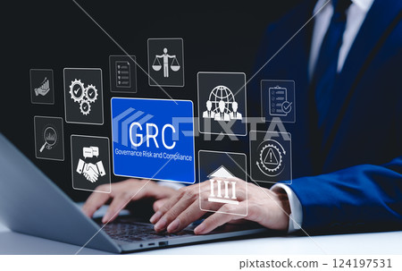 GRC Concept. Governance Risk and Compliance, Businessman with GRC governance, risk, compliance icons, organizational management, and regulatory practices. Reduce noncompliance risk, Business ethics, 124197531