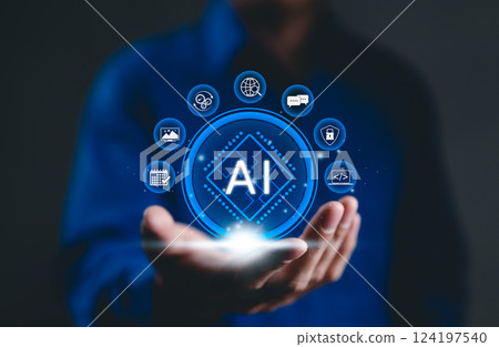 Artificial Intelligence (AI) and Business Support Concept. A person holds AI icons, data processing, communication, security, automation, role of generative AI business support and innovation. Chat AI 124197540