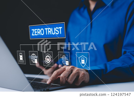 Zero Trust Security and Cyber Protection Concept. Businessman use laptop with interface "Zero Trust" security icons, advanced cybersecurity measures, data protection, and restricted access protocols. Zero Trust Security and Cyber Protection Concept. Businessman use laptop with interface "Zero Trust" security icons, advanced cybersecurity measures, data protection, and restricted access protocols. 124197547