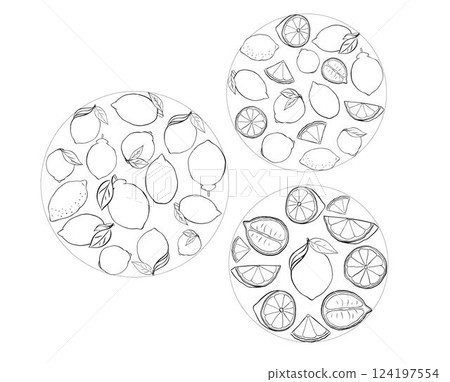 Lemons with leaves circle round composition set. Vector Graphic line ink black and white hand made illustration. Food preparation and kitchenware. For logo, web, package, sticker. 124197554