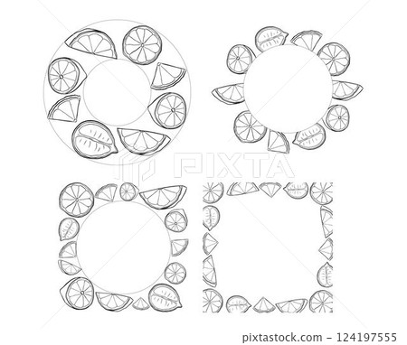 Lemon slice circle round frame set vector drawing. Citrus fruit circle and square label template. graphic line ink black and white illustration for packaging, tea, juice, natural cosmetics, lemonade 124197555