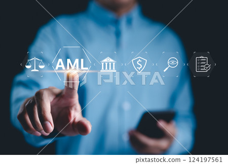 AML, Anti Money Laundering and Financial Compliance Concept. Businessman touches on AML, icons for banking, security, monitoring, compliance, measures to prevent financial crime, regulatory adherence, 124197561