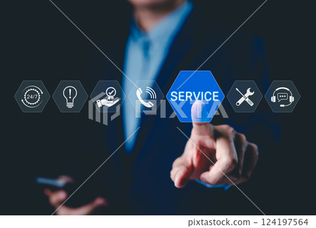 Service and Customer Support Concept. A professional pointing to a digital service icon, surrounded by customer support symbols like 24/7 availability, tools, and communication. Customer Service, 124197564