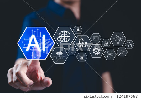 AI, Artificial Intelligence and Technology Innovation Concept. A hand interacting with a digital AI interface, with icons representing innovation, automation, and advanced business technologies. 124197568