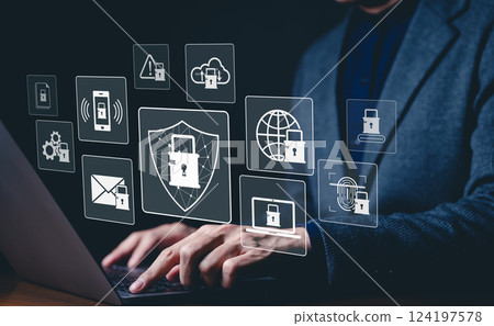 Cybersecurity and data protection technology concept. Cyber security concept showcasing data protection, internet privacy, antivirus defense, and secure online operations with a modern interface. 124197578