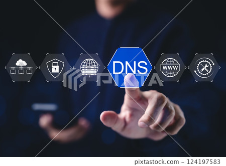 DNS domain name system and web server network system concept. A person touching on DNS, with DNS and web network icons representing domain name system, cybersecurity, and global internet connections. DNS domain name system and web server network system concept. A person touching on DNS, with DNS and web network icons representing domain name system, cybersecurity, and global internet connections. 124197583