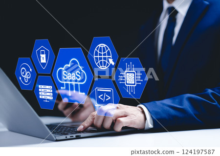 SaaS Concept, Software as a Service, Businessman types on laptop with icons representing aspects of Software as a Service (SaaS), modern technology platforms, and cloud computing. Internet networking, 124197587