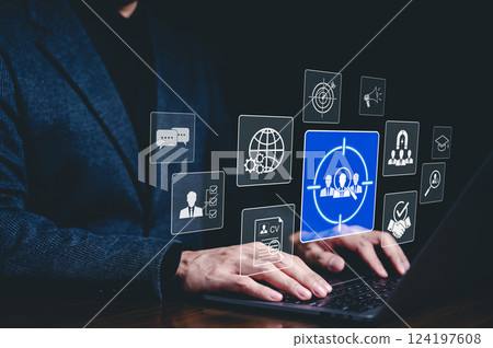 Recruitment and talent acquisition concept. Digital icon representing target with group of people, recruitment, talent acquisition. candidate selection, skill assessment, and hiring strategy. HR, Recruitment and talent acquisition concept. Digital icon representing target with group of people, recruitment, talent acquisition. candidate selection, skill assessment, and hiring strategy. HR, 124197608