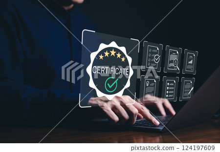 Certificate and Compliance Documentation. A professional working on a laptop interacts with a digital certificate icon, compliance, certification, and document validation online. Quality Assurance, Certificate and Compliance Documentation. A professional working on a laptop interacts with a digital certificate icon, compliance, certification, and document validation online. Quality Assurance, 124197609