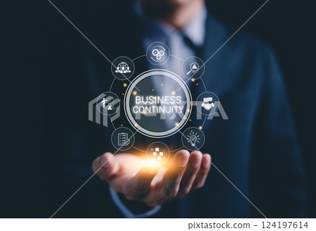 Business continuity management concept. "Business Continuity" with icons strategy, risk assessment, and operational planning. business continuity planning and resilience in managing disruptions. 124197614
