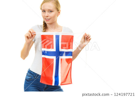 Girl holding norwegian flag 124197721