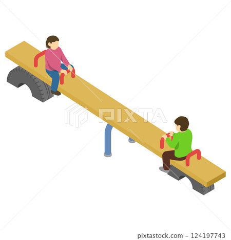 Isometric illustration: Children playing on a seesaw 124197743