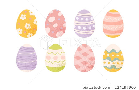 Easter eggs collection, colourful decorated eggs. Vector illustration in pastel colours 124197900
