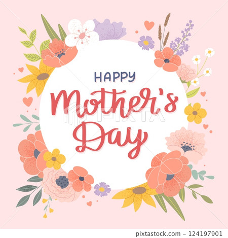 Happy mothers day floral frame greeting card. Vector banner template with flowers and lettering Happy mothers day floral frame greeting card. Vector banner template with flowers and lettering 124197901