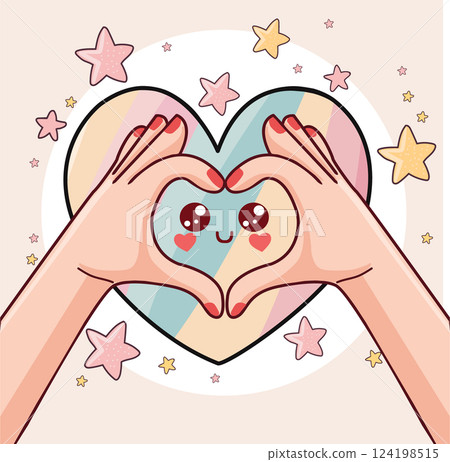 Cute gesture hand love heart symbol on colorful heart 124198515