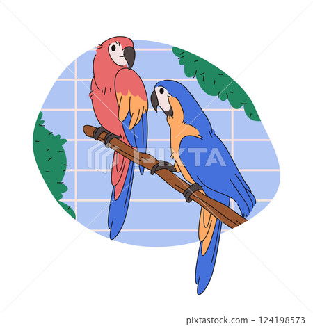 Macaw parrot on tree branch in cage. Vector domestic exotic vocal bird or voice rainforest mimicry animal. Jungle flying fauna in zoo. Tropical or caribbean avian pet. Nature and wildlife sign.Zoology 124198573