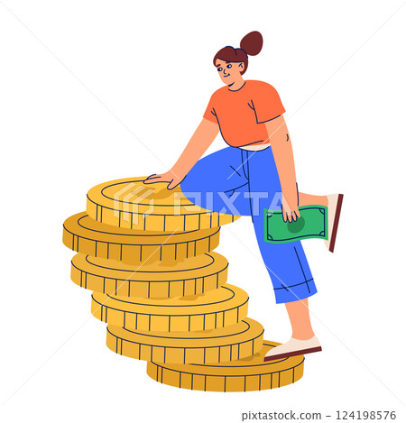 Deposit income sign or vector banner for money saving. Woman stand with golden coin. Cash earnings and wealth accumulation, financial resource growth. Cartoon financial illustration. Revenue and funds 124198576
