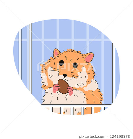Hamster eating in cage. Vector pet clipart. Home rodent in standing pose. Flat domestic animal. Funny and comic mammal habitat. Fluffy character. Zoology and biology mascot. Isolated cartoon rodent 124198578