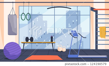Vector gym illustration with racetrack or treadmill, pull-up bar and dumbbell. Strength and yoga stretching, cardio and stamina, training center. Fitness and workout hub with equipment. Sport, health 124198579