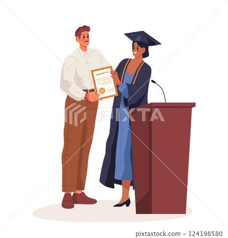Vector sign of student gets congratulations with graduating. Scholar with diploma or certificate giving speech to audience. Learning success or education achievement. University or college graduation 124198580