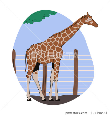 Vector giraffe or african long neck animal. Africa mammal in natural savannah habitat. Wildlife sign for safari. Fauna near zoo fence. Herbivore nature and jungle foraging. Wild zoology and biology Vector giraffe or african long neck animal. Africa mammal in natural savannah habitat. Wildlife sign for safari. Fauna near zoo fence. Herbivore nature and jungle foraging. Wild zoology and biology 124198581