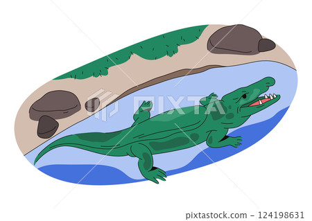 Cartoon crocodile or vector african river reptile. American swamp predator with scales. Prehistoric carnivore symbol. Tropical camouflage species. Wetland and zoo. Biology and zoology, squatic theme. 124198631