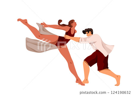 Pair dancing contemporary or modern dance. Vector artistic couple make emotional dance movements. Partners make synchronized footwork. New stage performance to music rhythm. Choreography, coordination 124198632