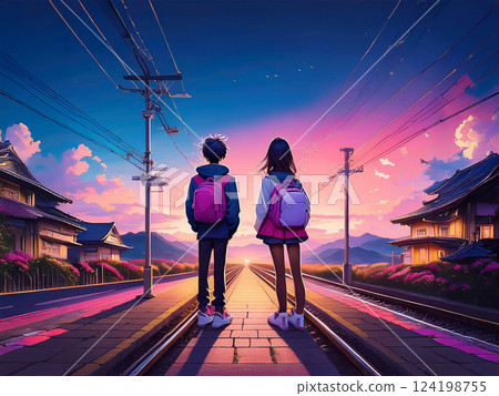 動漫風格學生情侶 124198755