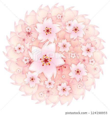 一個美麗的裝飾插圖，一個深粉紅色的櫻花圓形花環，上面散佈著更多可愛的櫻花 124198955