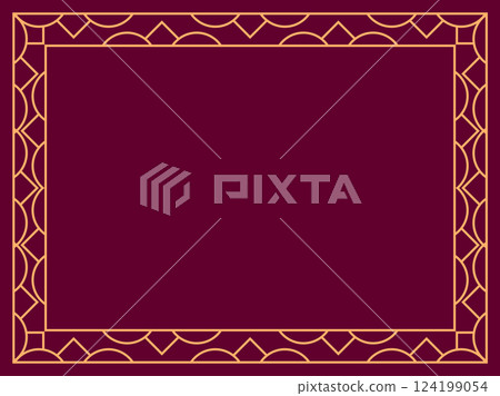 Geometric frame of gold lines on a burgundy background. Linear border. Linear design of geometric frame with space for text, invitations, flyers and greeting cards. Vector illustration Geometric frame of gold lines on a burgundy background. Linear border. Linear design of geometric frame with space for text, invitations, flyers and greeting cards. Vector illustration 124199054