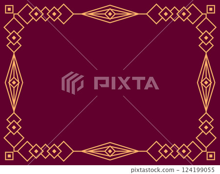 Geometric frame of gold lines on a burgundy background. Linear border. Linear design of geometric frame with space for text, invitations, flyers and greeting cards. Vector illustration Geometric frame of gold lines on a burgundy background. Linear border. Linear design of geometric frame with space for text, invitations, flyers and greeting cards. Vector illustration 124199055